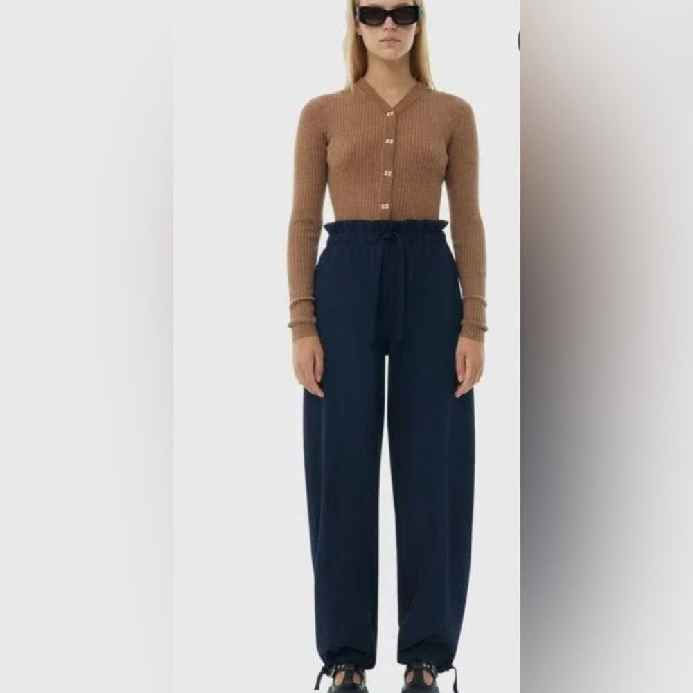 Ganni Drawstring Navy Paper bag Pants Size 42 Large Viscose Blend NWT Classic